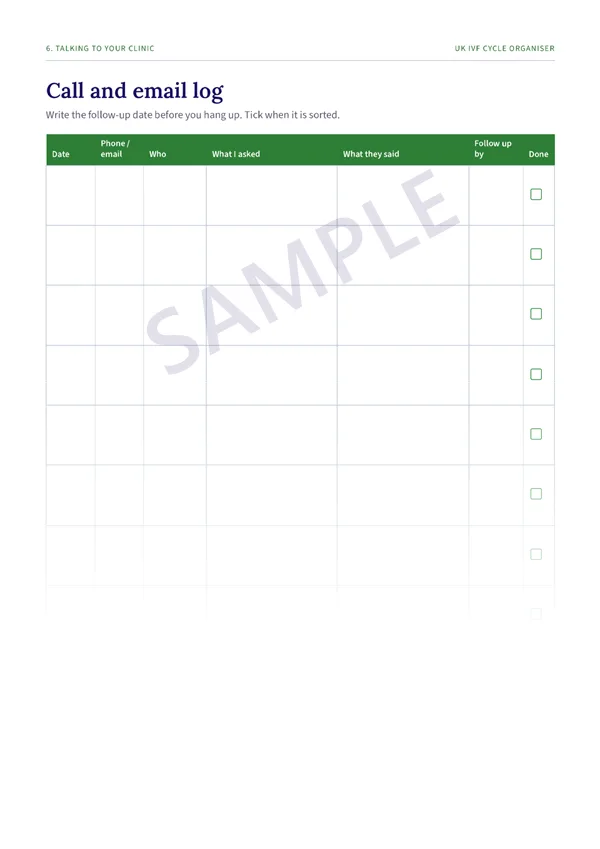 Preview of the Call and email log page from the organiser