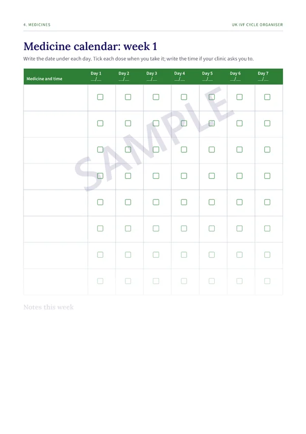 Preview of the Medicine calendar page from the organiser